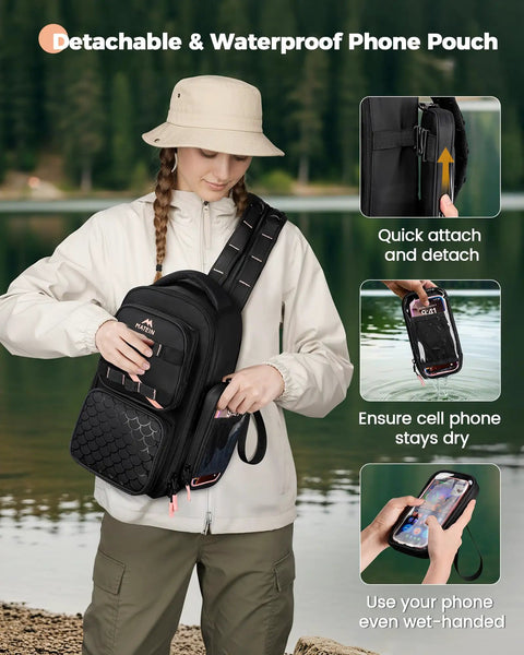 Woman using Women's Fishing Sling Bag With Lure Rod Holder And Phone Pouch Waterproof 3600 Tackle Backpack with lake in background.