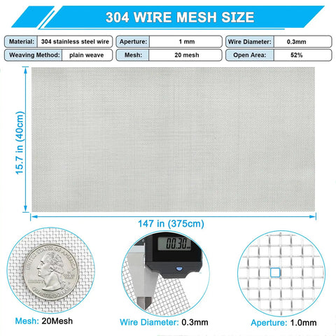 Built To Last Heavy Duty Stainless Steel Mesh Screen 20 Mesh 304 Rust Resistant Fine Wire Roll 15.7 Inches by 147 Inches