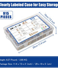 915 Piece Rivet Nut Kit With Metric Threaded Rivnuts M3 Through M12 in clear storage box with label and measurements displayed