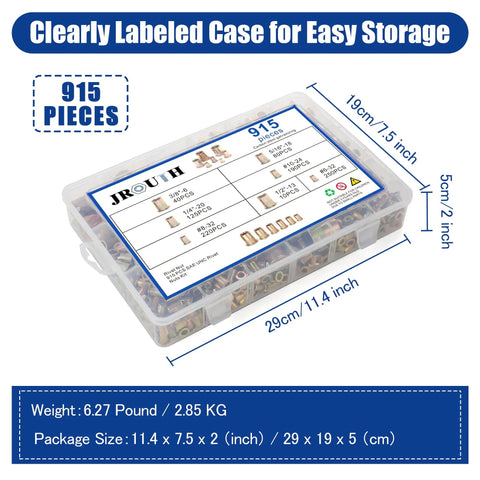 915 Piece Rivet Nut Kit With Metric Threaded Rivnuts M3 Through M12 in clear storage box with label and measurements displayed