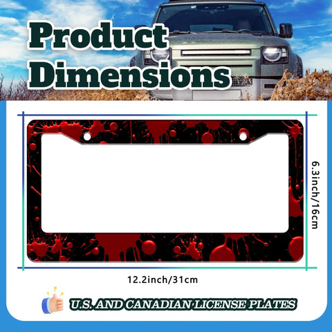 Blood Drop License Plate Frame With Blood Spatter Pattern For Front Or Rear Car Tags Stainless Steel Reusable Dope Auto Decoration With Screws 6.3 X 12.2 Inches shown with dimensions