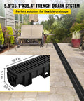 Low-Profile Trench Drain System With Plastic Grate 5.9x5.1 Inch HDPE Channel Drainage in patio setting for garden and driveway.