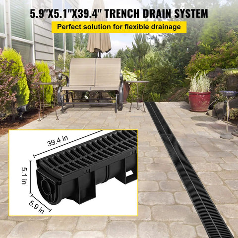 Low-Profile Trench Drain System With Plastic Grate 5.9x5.1 Inch HDPE Channel Drainage in patio setting for garden and driveway.