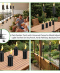 6 Pack Garden Torch With Universal Clamp, 16 Oz Citronella Oil Outdoor Torches on porch, illustrating metal adjustable patio lights.