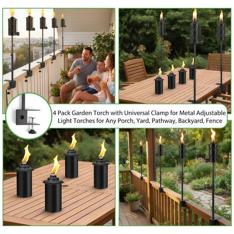 6 Pack Garden Torch With Universal Clamp, 16 Oz Citronella Oil Outdoor Torches on porch, illustrating metal adjustable patio lights.