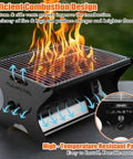 Portable Camping Grill Foldable Charcoal And Gas BBQ With Carry Bag for outdoor cooking showing combustion design and grill flames.