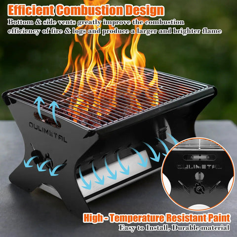 Portable Camping Grill Foldable Charcoal And Gas BBQ With Carry Bag for outdoor cooking showing combustion design and grill flames.