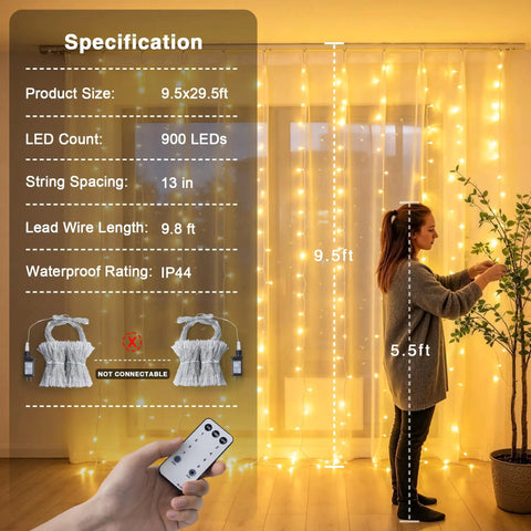 900 LED Outdoor Curtain Lights With Remote, 9.5 by 29.5 Feet Twinkle Warm White String Lights for Bedroom Backdrop