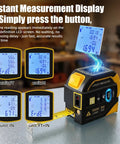 No Fuss 4 In 1 Laser Tape Measure With Slick 328ft Digital Distance Meter showing LCD measurements in feet and meters.