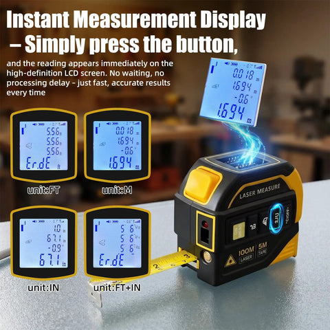 No Fuss 4 In 1 Laser Tape Measure With Slick 328ft Digital Distance Meter showing LCD measurements in feet and meters.