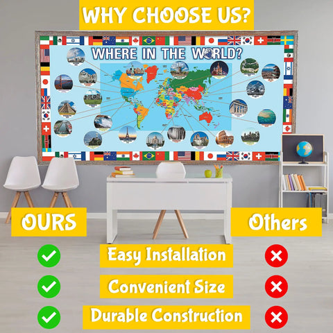 Total 63 Piece World Geography Set For Classrooms And Home with map and flags in educational setup