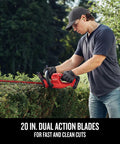 Person using V20 Cordless Hedge Trimmer With Battery And Charger Included 20 Inch Dual Action Blade on bushes in garden