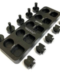 Pro Grade Small Diameter Ring Bender Post And Die Set 6mm To 10mm With Anodized Aluminum Organizer Base Delrin CNC Machined For 30100A Ring Bender Made In USA. Organizer base with posts and dies visible.