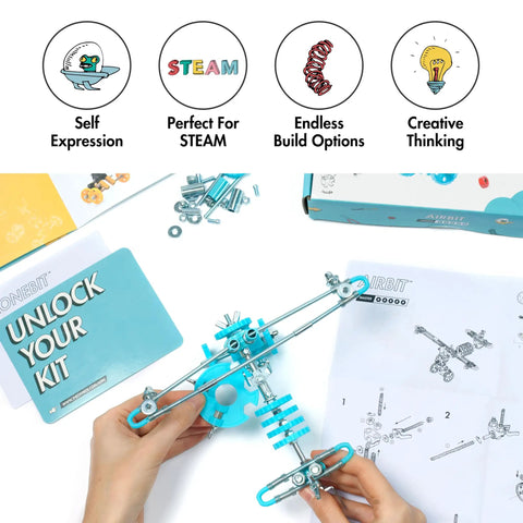 Person assembling AirBit Build Your Own Airplane STEM Kit For Creative Kids And Curious Adults with blue airplane parts.