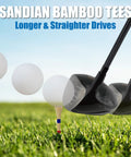 Premium Bamboo Golf Tees With 4-Prong Head, Two Sizes 3-1/4 Inch And 2-3/4 Inch, Height Mark Stripes, golf club hitting ball.