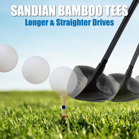Premium Bamboo Golf Tees With 4-Prong Head, Two Sizes 3-1/4 Inch And 2-3/4 Inch, Height Mark Stripes, golf club hitting ball.