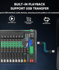 8 Channel DJ Audio Mixer With Reverb And Bluetooth Pro Grade Studio Quality Sound Console With USB Recording shown with USB connection