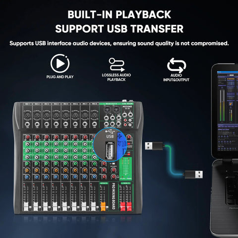 8 Channel DJ Audio Mixer With Reverb And Bluetooth Pro Grade Studio Quality Sound Console With USB Recording shown with USB connection