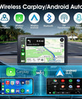 Wireless CarPlay And Android Auto Portable 7 Inch HD Touchscreen Car Stereo with navigation display and icons.