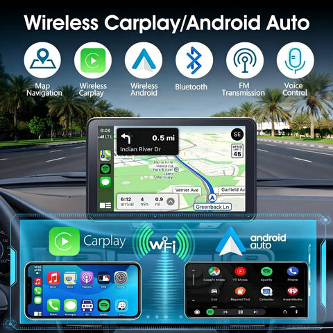 Wireless CarPlay And Android Auto Portable 7 Inch HD Touchscreen Car Stereo with navigation display and icons.