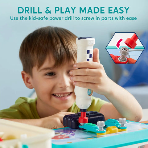 Child using Space Circuit Lab Kit For Kids With 50 Plus Projects And 46 Plus Components An Electronics STEM Toy For Ages 5 6 7 8 Build Lights And Sounds And Real Circuits Totally Fun Educational Science Kit For Curious Builders with power drill.