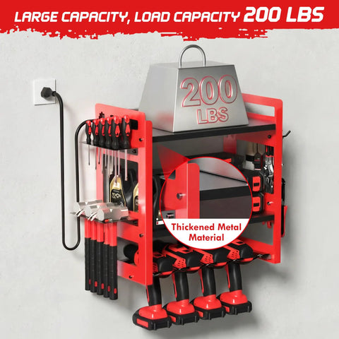 Power Tool Organizer Wall Mount With Charging Station And Storage Rack, 3 Tier Heavy Duty Metal Tool Rack With 4 Drill Holders