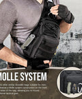 Man wearing Lightweight Tactical Shoulder Sling Bag for Men with MOLLE system, black color, showing modular gear attachments.