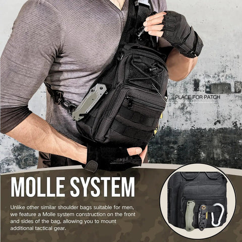 Man wearing Lightweight Tactical Shoulder Sling Bag for Men with MOLLE system, black color, showing modular gear attachments.