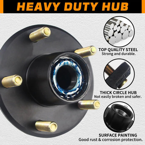 Two Pack Heavy Duty Trailer Hub Kit For Five Lug On Four Point Five Inch Bolt Pattern On 2000 Lb Axles With One And One Sixteenth Inch Straight Spindle Preinstalled L44649 Bearings And One Point Twenty Five Inch ID Grease Seals Idler Hub Kit With Five, showing detailed construction and materials.