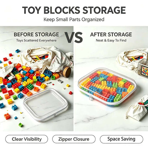 Three Pack Super Sized Clear Hard Shell Zipper Travel Cases For Makeup Cosmetics Toiletries Toys And Gear With Hella Room Durable Shield And Zero Hassle Packing For Your Next Adventure shown with toy blocks organized in clear container.