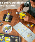 Child assembling 5 In 1 STEM RC Robotics Kit With App And Remote Control, Build Mech Robot Wall Robot Sports Car Tunneling Robot And Engineering Grader, DIY Science Toys For Ages 8 To 12 with manual on table.