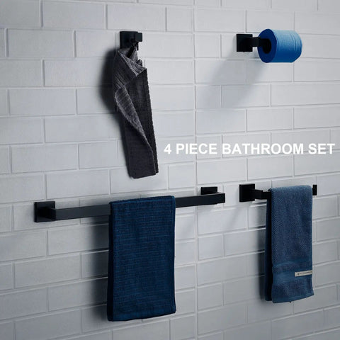 Matte Black Bathroom Hardware Kit 4 Piece Stainless Steel Heavy Duty Wall Mounted Towel Rack Toilet Paper Holder Hand Towel Bar Robe Hook For Modern Bathroom showcasing all components against white tile