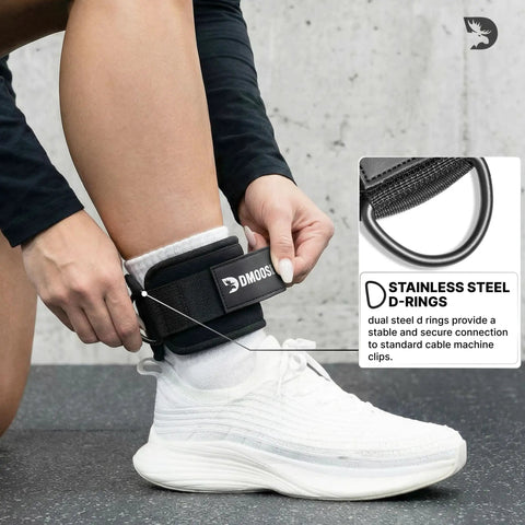 Person using Premium Ankle Strap For Cable Machines With Ultra Thick 8mm Padding For Dope Comfort During Kickbacks Glute Workouts Leg Extensions Curls Hip Abductors Perfect For Men And Women, highlighting stainless steel D-rings.