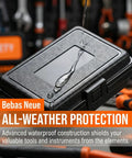 Three Piece Compact Dark Hardshell Toolbox Set Featuring Heavy Duty Waterproof Design For Engineers And Mechanics with water resistance feature.
