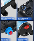 Close-up of components on 12V Electric Fuel Transfer Pump Kit With Hose, showing outlet indicator, dust cover, and switch.