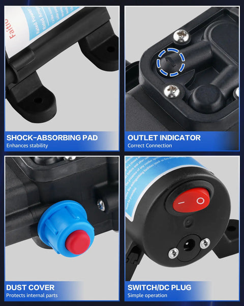 Close-up of components on 12V Electric Fuel Transfer Pump Kit With Hose, showing outlet indicator, dust cover, and switch.