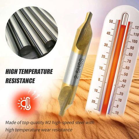 Center drill set, 2.5mm, 10‑pc M2 HSS TiN coated for metal fabrication, 60° chamfering and centering