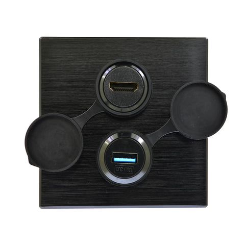 Smooth Signal Hdmi 4K 60Hz Female To Female Threaded Panel Mount Pass Through Adapter with USB and protective dust caps.