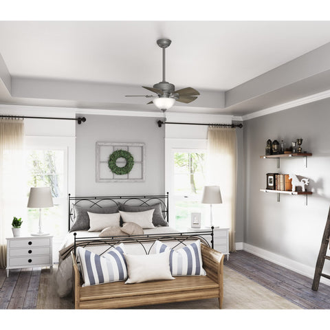 34 Inch Indoor Ceiling Fan With LED Light And Pull Chain in a bedroom, 5 blade quiet fan, matte silver, standard mount over bed