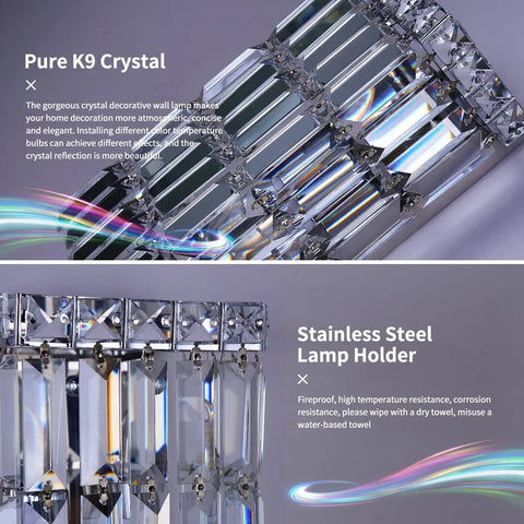 Indoor Modern Two Light Crystal Wall Sconce, Chrome Wall Mount Lamp With Hanging Crystal Balls, Silver Square Base K9 Crystal