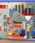 Heavy Duty Galvanized Steel Pegboard Panel 32 Inch By 16 Inch Tool Board with tools for garage and workshop.