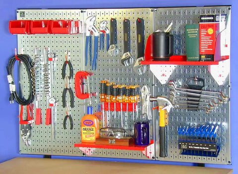 Heavy Duty Galvanized Steel Pegboard Panel 32 Inch By 16 Inch Tool Board with tools for garage and workshop.