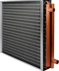 20x20 Water To Air Heat Exchanger for Forced Air Heating with 1 Inch Copper Ports, showing durable aluminum fins and steel case.