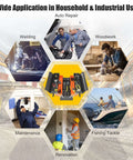 Collage showcasing uses of 22-Inch Cantilever Tool Box With 5 Trays And 3 Layers for auto repair, welding, woodworking, maintenance, and fishing.