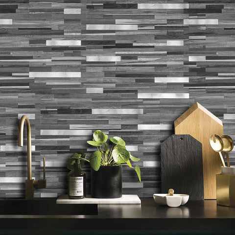 Peel And Stick Backsplash Tile Set With Black And Grey Wood Grain Look PVC Mixed Metal Finish, stylish kitchen sink area