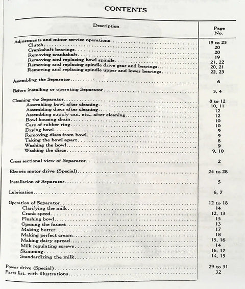 McCormick Cream Milk Separator Operator Manual for 2S 3S 4S 5S DIY Maintenance Guide Built to Last, Factory OEM Authored Service and Parts Manual for Farm Dairy Gear, Clear Hands On Instructions, Save Time and Frustration. contents page