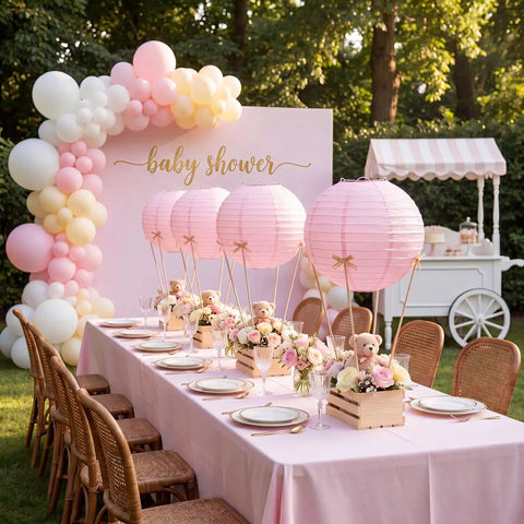 8 Sets Pink Hot Air Balloon Centerpieces Kit With 8 Inch Paper Lanterns Wooden Crates Bamboo Sticks And Satin Bows for Baby Shower