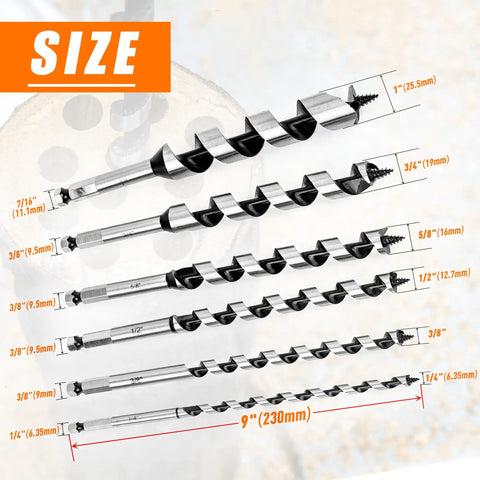 Six Piece Nine Inch Long Auger Drill Bit Set For Wood, Hex Shank, showing various sizes for different drilling needs
