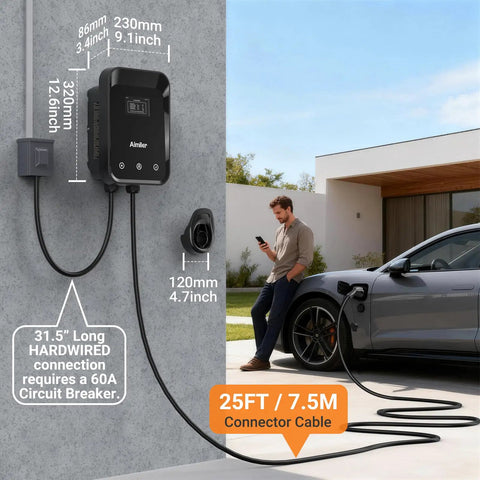 Hardwired Level 2 EV Charger 48A 240V With 25Ft Cable J1772 Connector ETL Certified Home EVSE WiFi App Enabled Installation