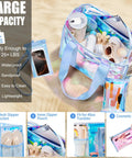3-In-1 Iridescent Clear Beach Tote Set with Zipper, Waterproof Phone Pouch, and Makeup Bag on sand, showing capacity features.